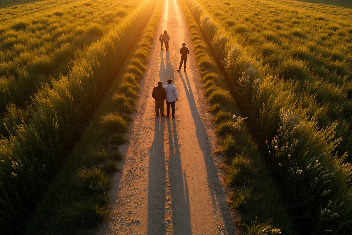 Ombres longues de personnes sur un sentier rural en fin de journée