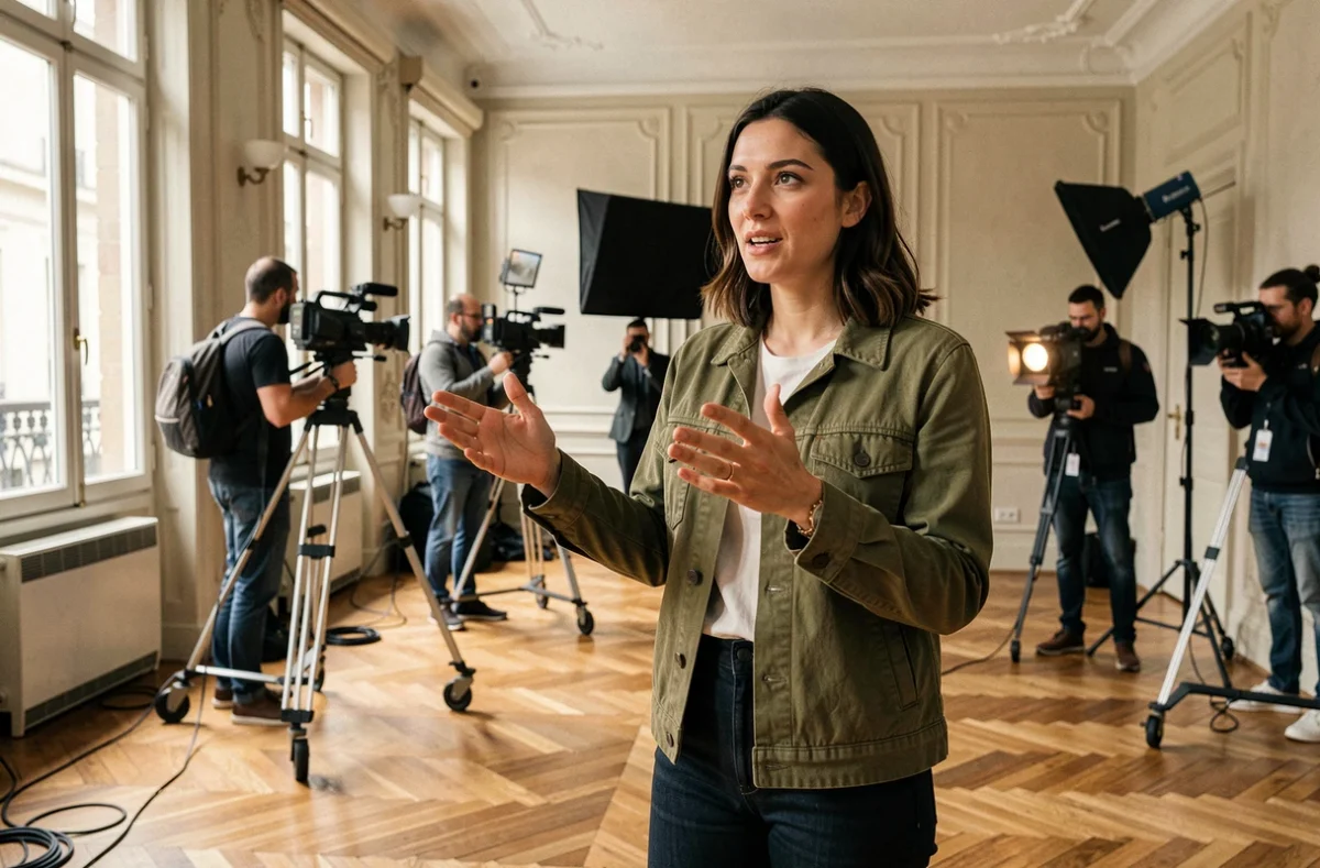 Réalisatrice de la société On Tourne dirigeant une équipe sur un tournage dans un appartement haussmannien parisien
