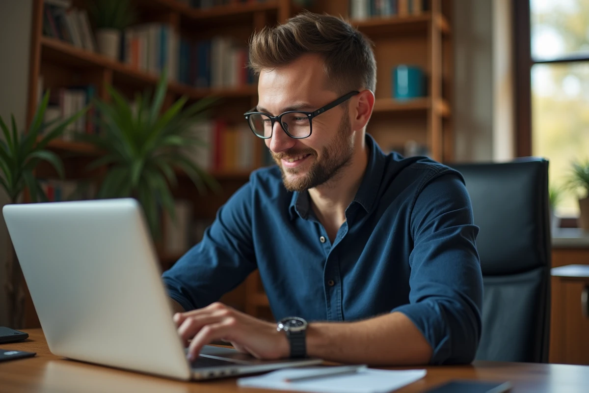 Homme consultant son profil en ligne sur un ordinateur portable dans un bureau moderne et chaleureux