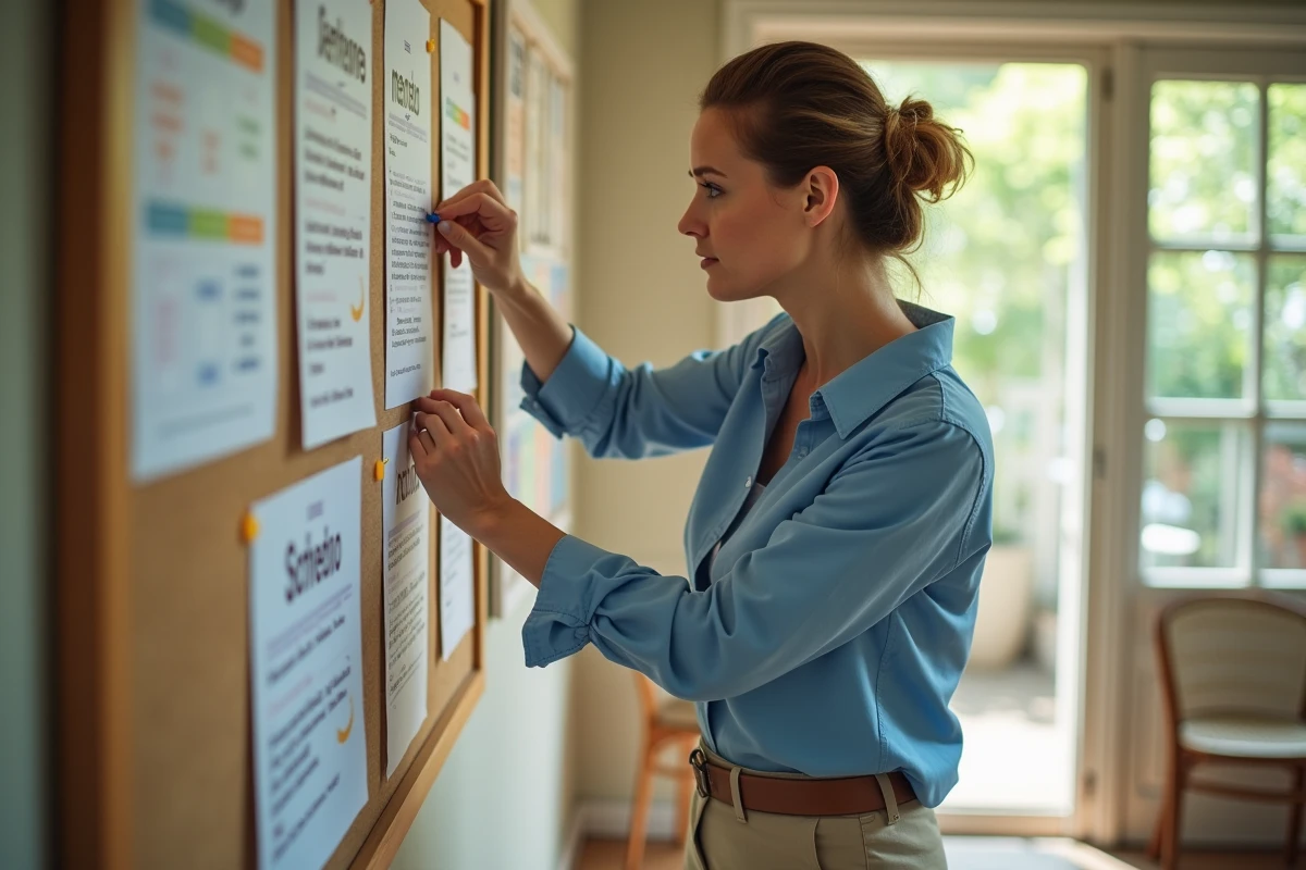 Organisatrice affichant le programme de la fete