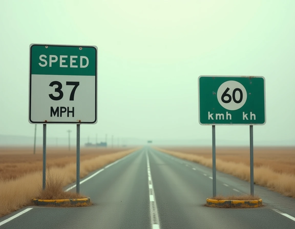 Panneau de limitation de vitesse américain 37 mph comparé à un panneau européen 60 km/h en bord de route