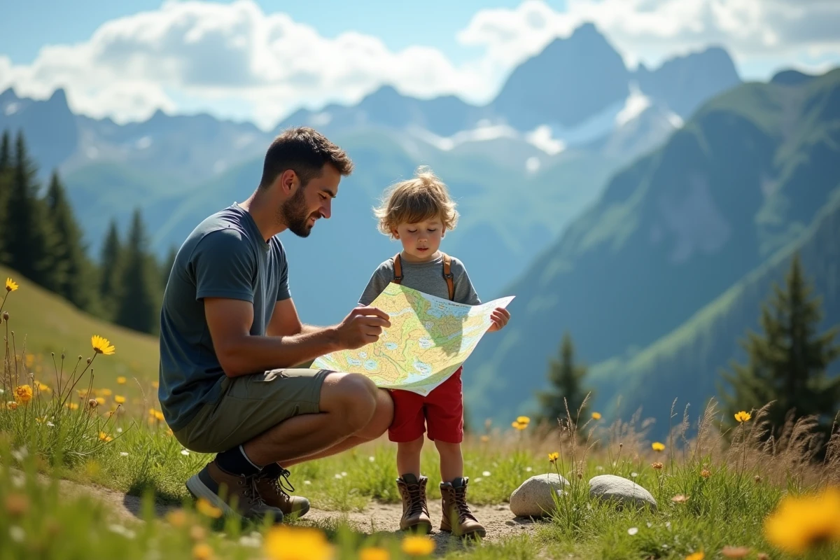 Père et fils découvrant une carte en montagne