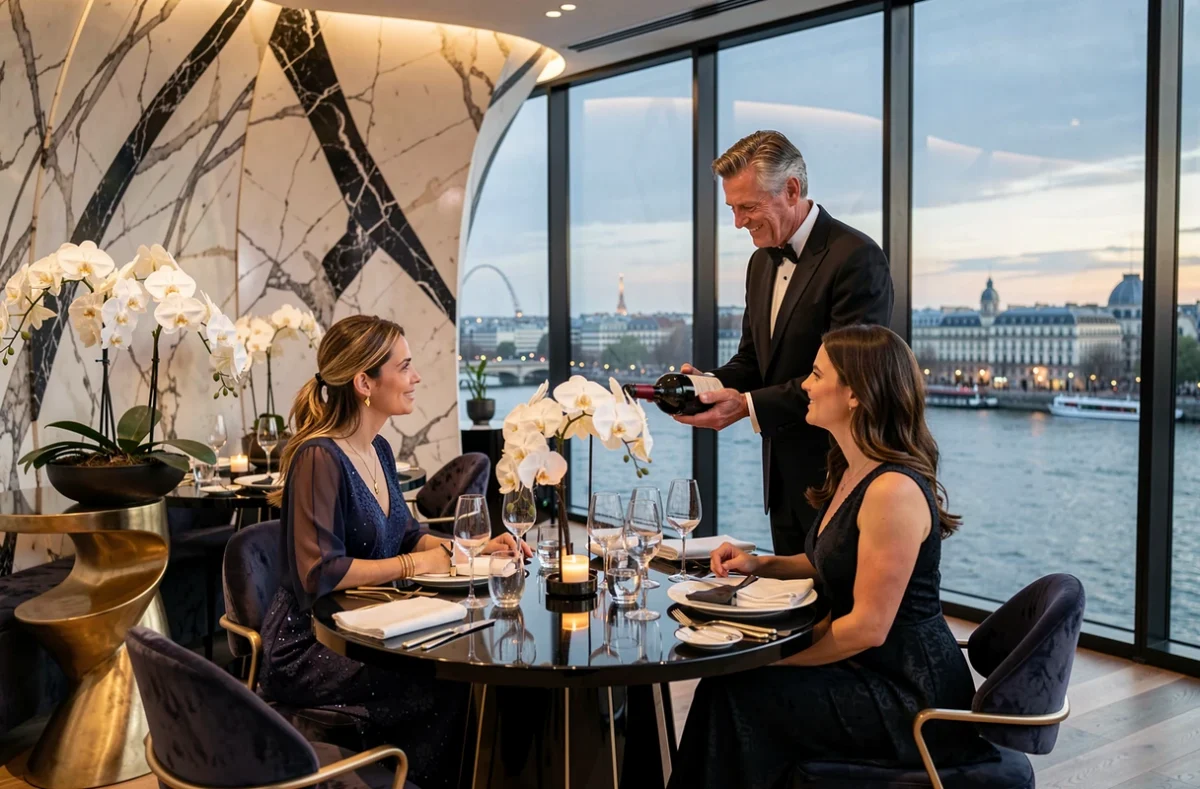 Dîner de gala exclusif organisé par Paris Society Events dans les Hauts-de-Seine, avec décoration en marbre et orchidées et vue panoramique sur la Seine