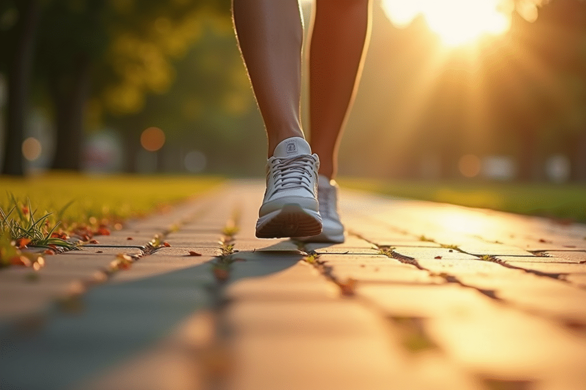 Gros plan de pieds marchant sur un chemin ensoleille