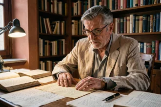 Un poète italien contemplatif dans son bureau romain rempli de manuscrits de poésie et de livres anciens, illustrant la connexion entre la littérature italienne et le cinéma