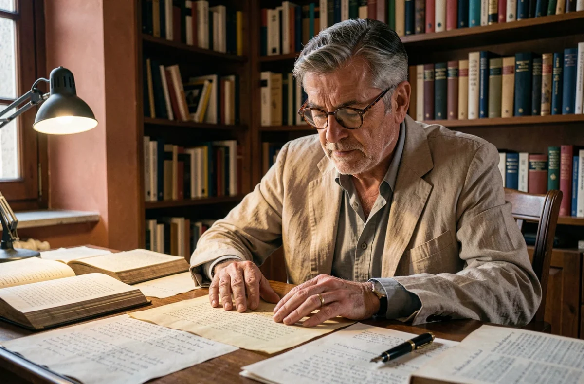 Un poète italien contemplatif dans son bureau romain rempli de manuscrits de poésie et de livres anciens, illustrant la connexion entre la littérature italienne et le cinéma