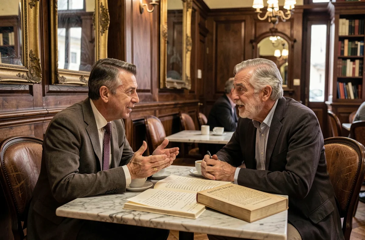 Un poète et un réalisateur italiens en conversation dans un café littéraire historique de Florence, entourés de poèmes annotés et de pages de scénario