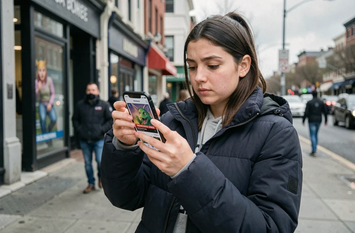 Jeune femme consultant les annonces Pokémon 2026 en temps réel sur son smartphone dans une rue de la ville