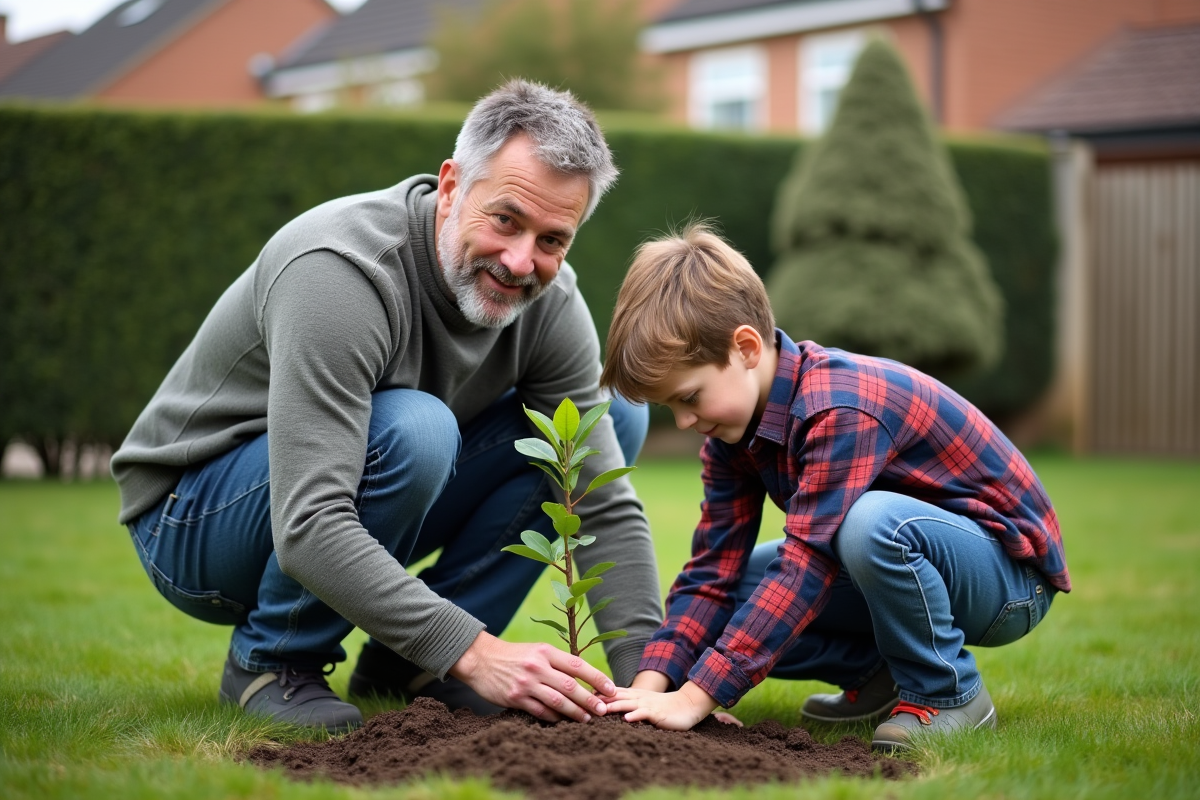 Père et fils plantant un jeune arbre dans le jardin familial