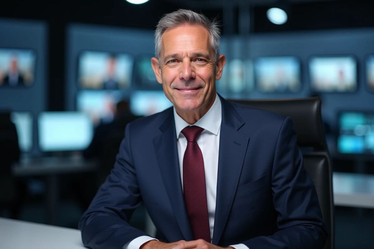 Présentateur homme de chaîne d'information en continu en costume bleu marine assis au bureau de présentation avec écrans en arrière-plan