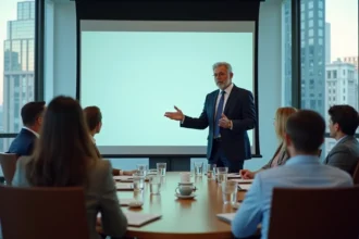 Homme d'affaires confiant présente devant un groupe en réunion