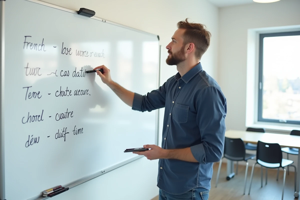Professeur de français expliquant des synonymes et alternatives au tableau blanc dans une salle de cours minimaliste