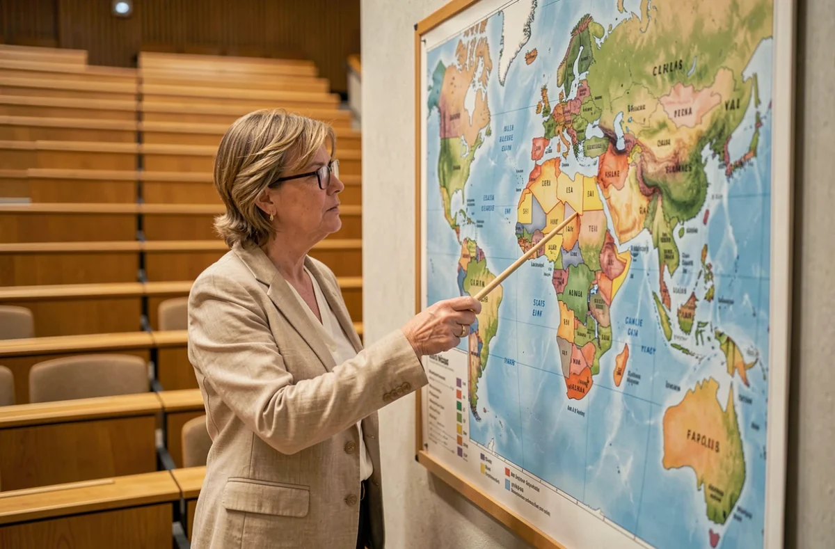 Professeure de géographie montrant la superficie des continents sur une carte murale dans un amphithéâtre universitaire