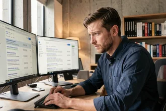 Professionnel informatique analysant des résultats de recherche Google affichant aipdb sur ses écrans de bureau