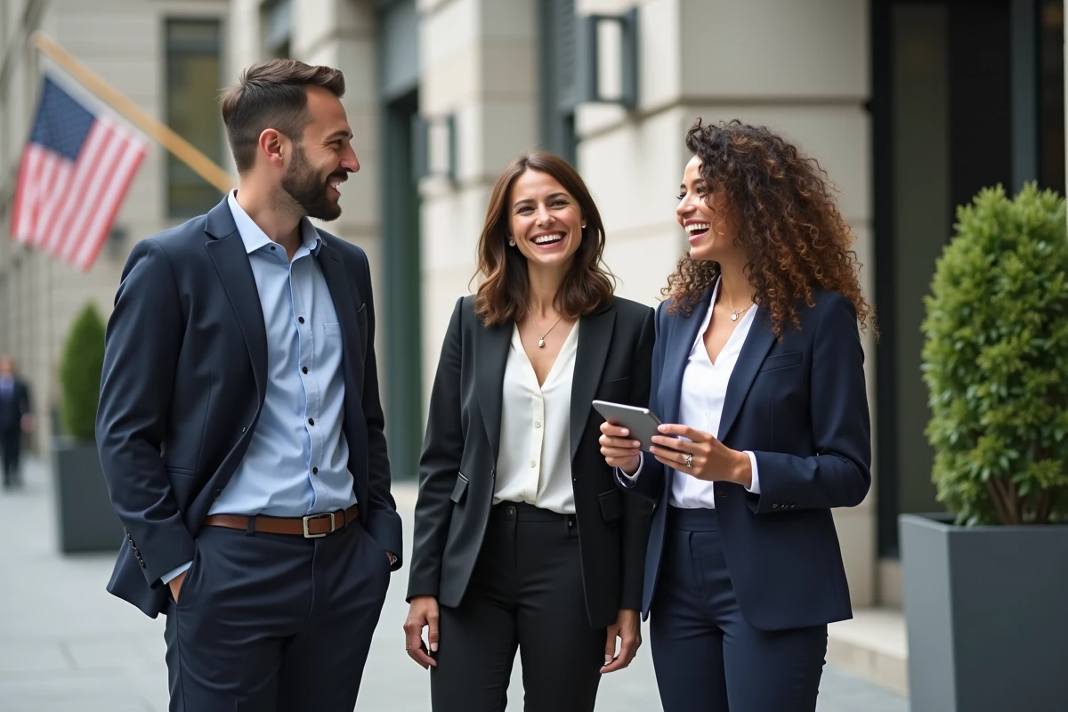 Groupe de professionnels discutant devant un immeuble de ville