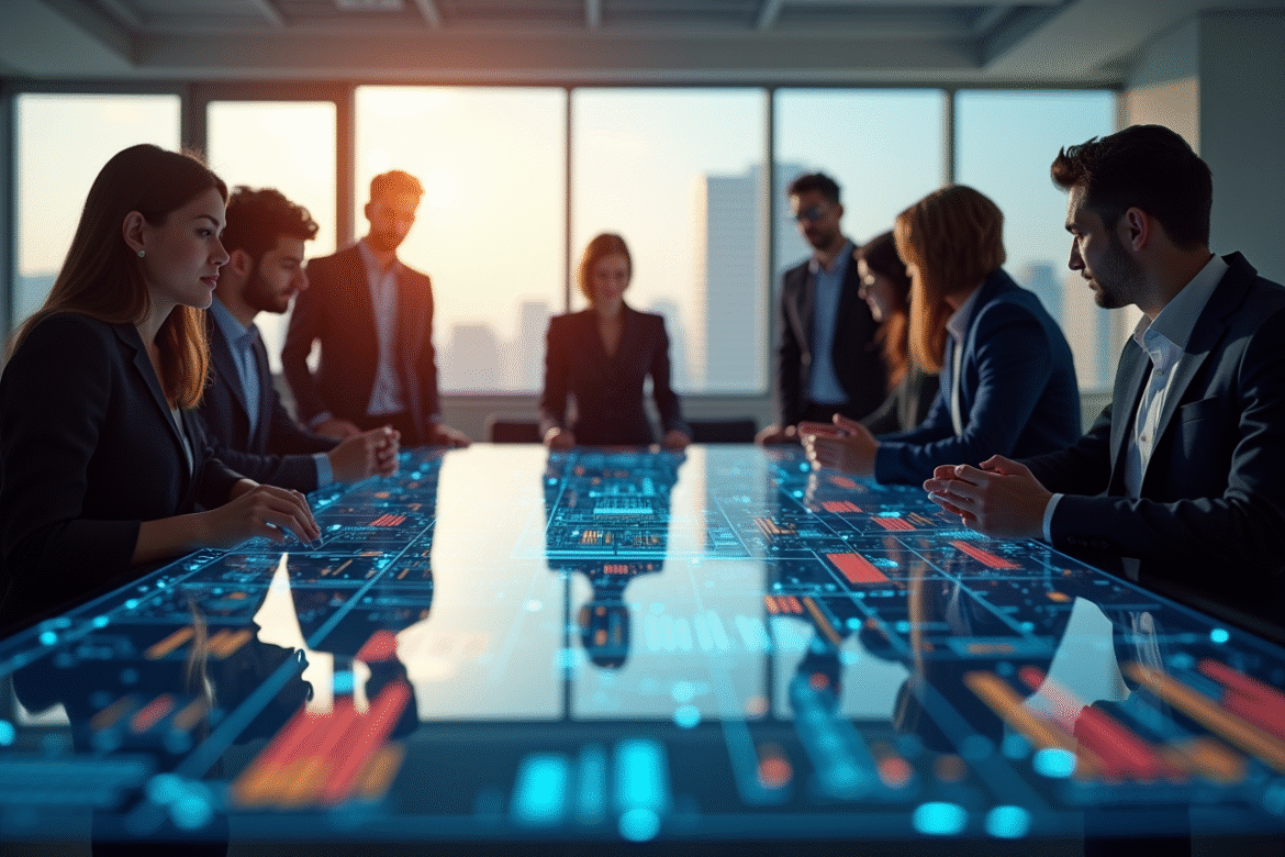 Groupe de professionnels autour d'une table tactile blockchain