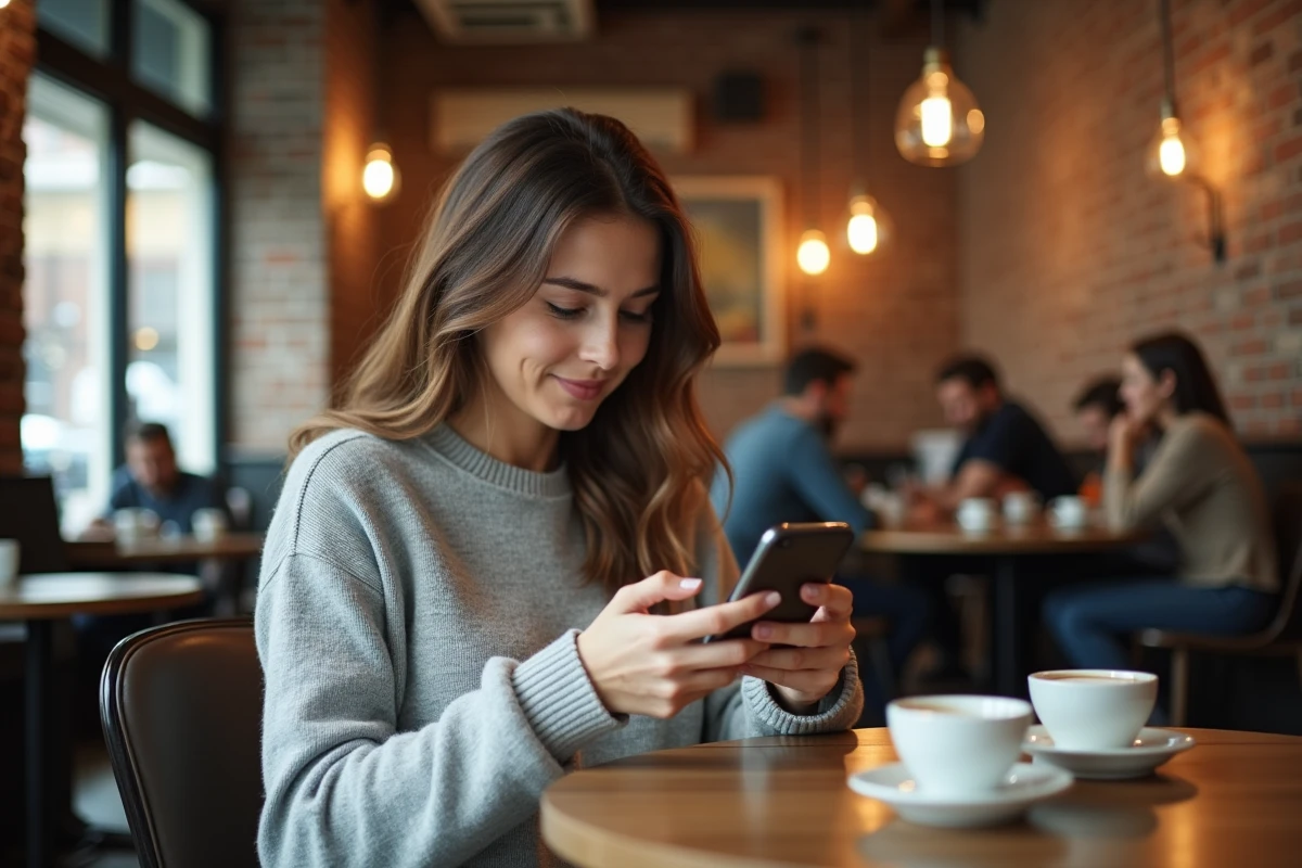 Femme consultant une application de profil membre sur smartphone dans un café urbain moderne