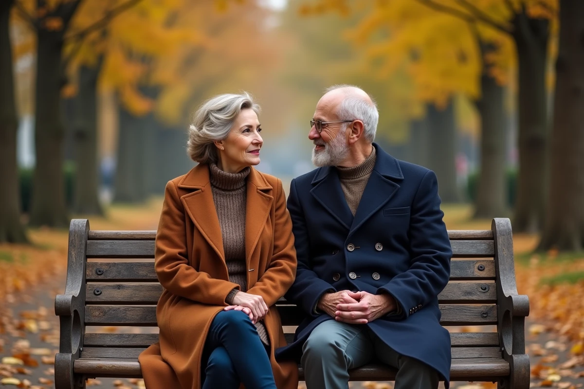 Couple assis en silence sur un banc de parc en automne symbolisant la communication silencieuse dans les relations