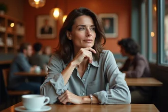 Femme pensive dans un café illustrant l'importance du silence dans les relations humaines
