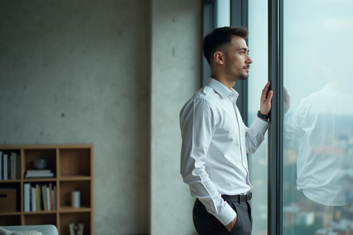 Jeune homme pensif devant une fenêtre urbaine évoquant le pouvoir transformateur du silence dans les relations personnelles
