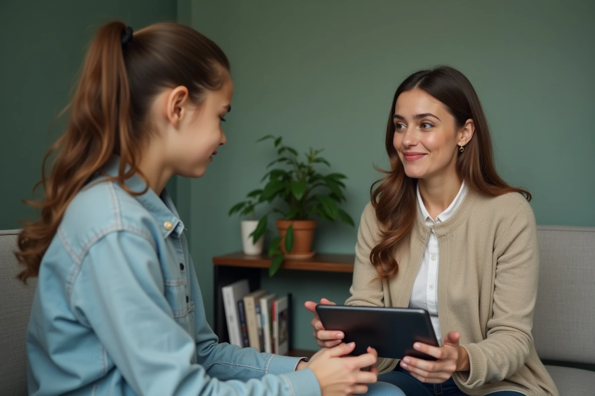 Psychologue pour enfants discutant de l'addiction aux contenus brainrot avec une jeune patiente en cabinet