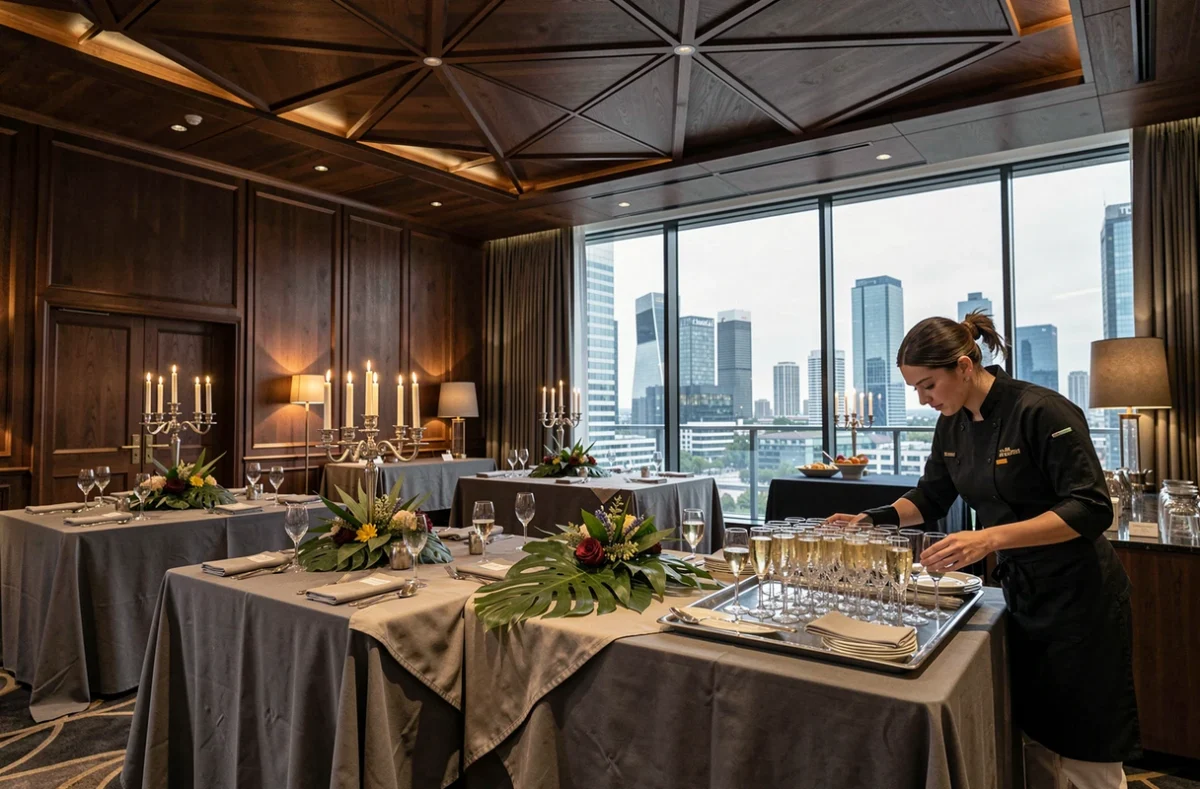 Hall de réception élégant du Pullman Paris La Défense à Courbevoie avec panneaux en bois sombre, verrière et décoration haut de gamme pour un événement privé