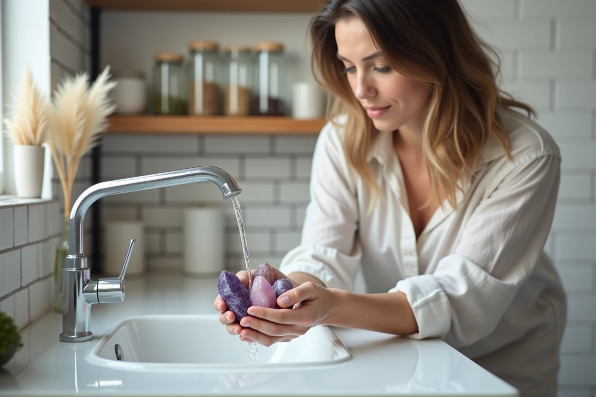 Femme purifiant des cristaux d'améthyste et de quartz rose sous l'eau courante dans une salle de bain minimaliste