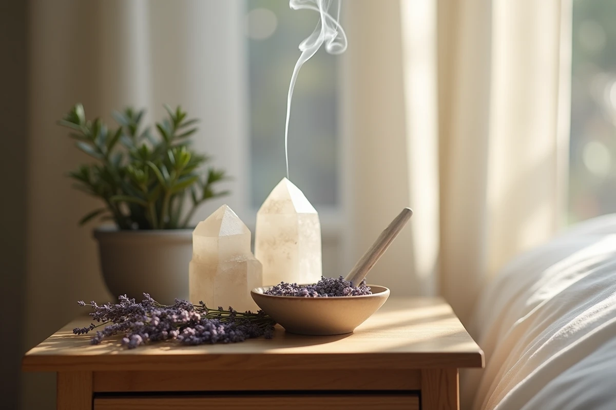 Cristaux de sélénite et pierre de lune purifiés à la fumée de sauge blanche sur une table de chevet en bois