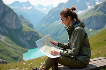 Femme souriante avec carte dans les Alpes françaises