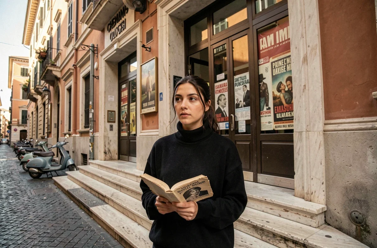 Une jeune réalisatrice italienne tenant un recueil de poésie devant une salle de cinéma néoréaliste à Rome, symbolisant l'influence de la poésie sur le cinéma italien
