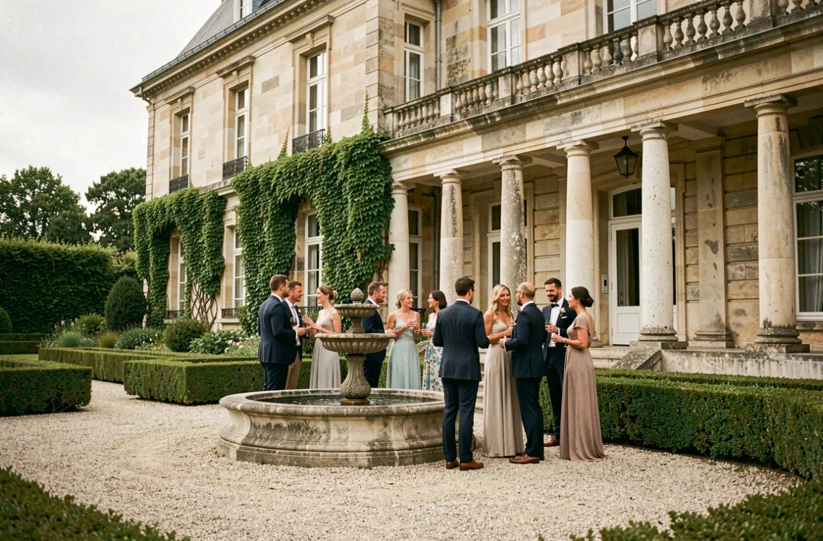Façade historique en pierre du Relais de la Malmaison à Rueil-Malmaison avec des invités en tenue de soirée dans la cour d'entrée