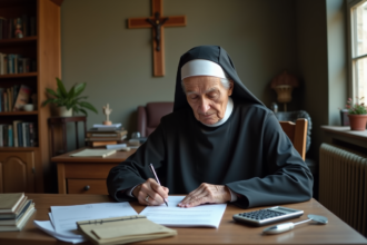 Soeur âgée concentrée sur ses papiers dans un bureau religieux