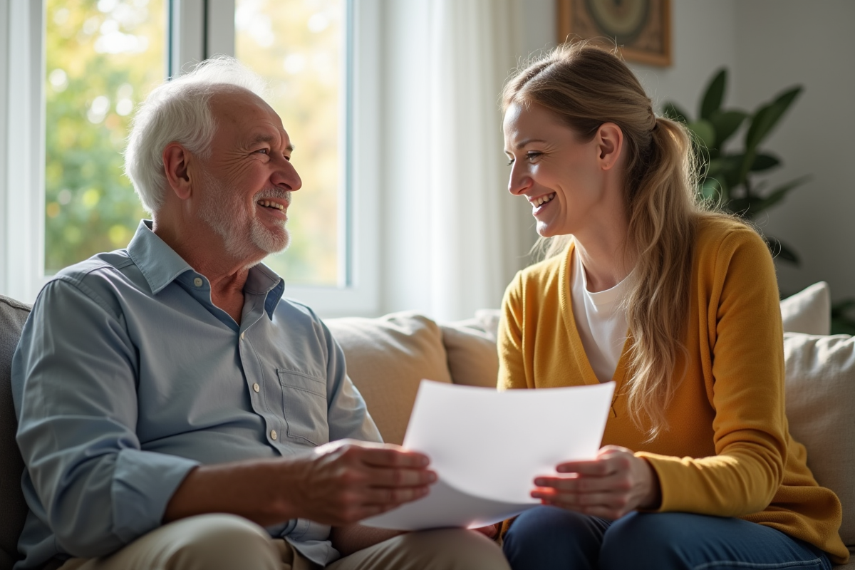 Senior rencontrant un travailleur social dans un salon lumineux