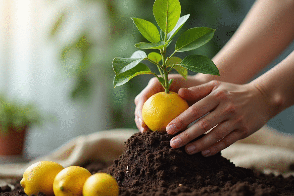 Mains repositionnant un arbre citron sain en intérieur