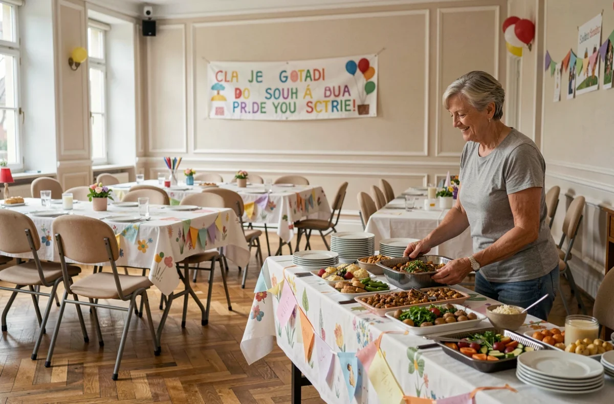 Bénévole arrangeant un buffet dans une salle municipale des fêtes des Hauts-de-Seine décorée pour une célébration locale avec tables pliantes et banderole artisanale