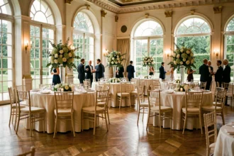 Grande salle de réception décorée avec des tables rondes en lin ivoire, des centres de table floraux et des chaises chiavari dans un cadre élégant des Hauts-de-Seine