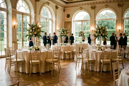 Grande salle de réception décorée avec des tables rondes en lin ivoire, des centres de table floraux et des chaises chiavari dans un cadre élégant des Hauts-de-Seine