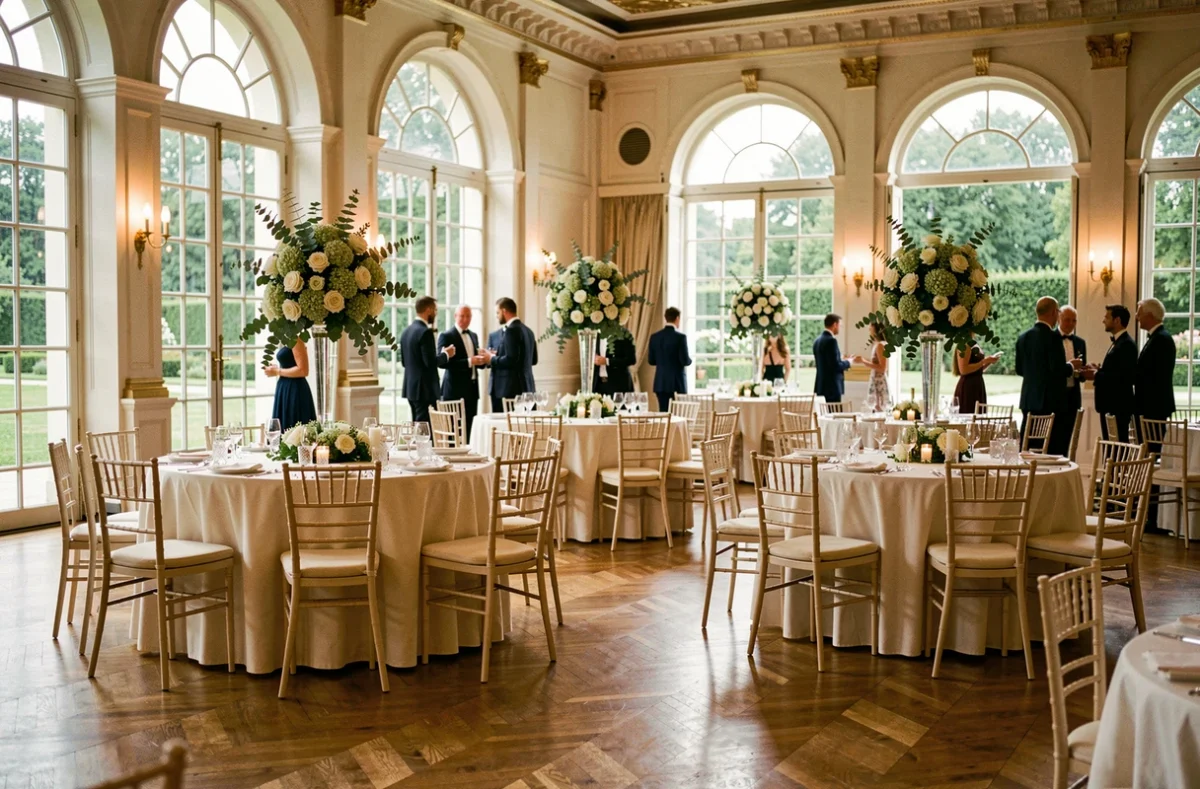 Grande salle de réception décorée avec des tables rondes en lin ivoire, des centres de table floraux et des chaises chiavari dans un cadre élégant des Hauts-de-Seine