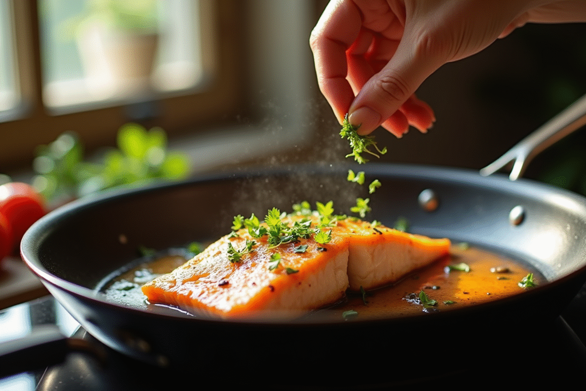 Filet de poisson cuit à la poêle avec herbes fraîches