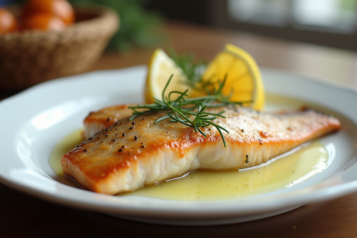 Filet de poisson servi avec citron et aneth sur assiette blanche