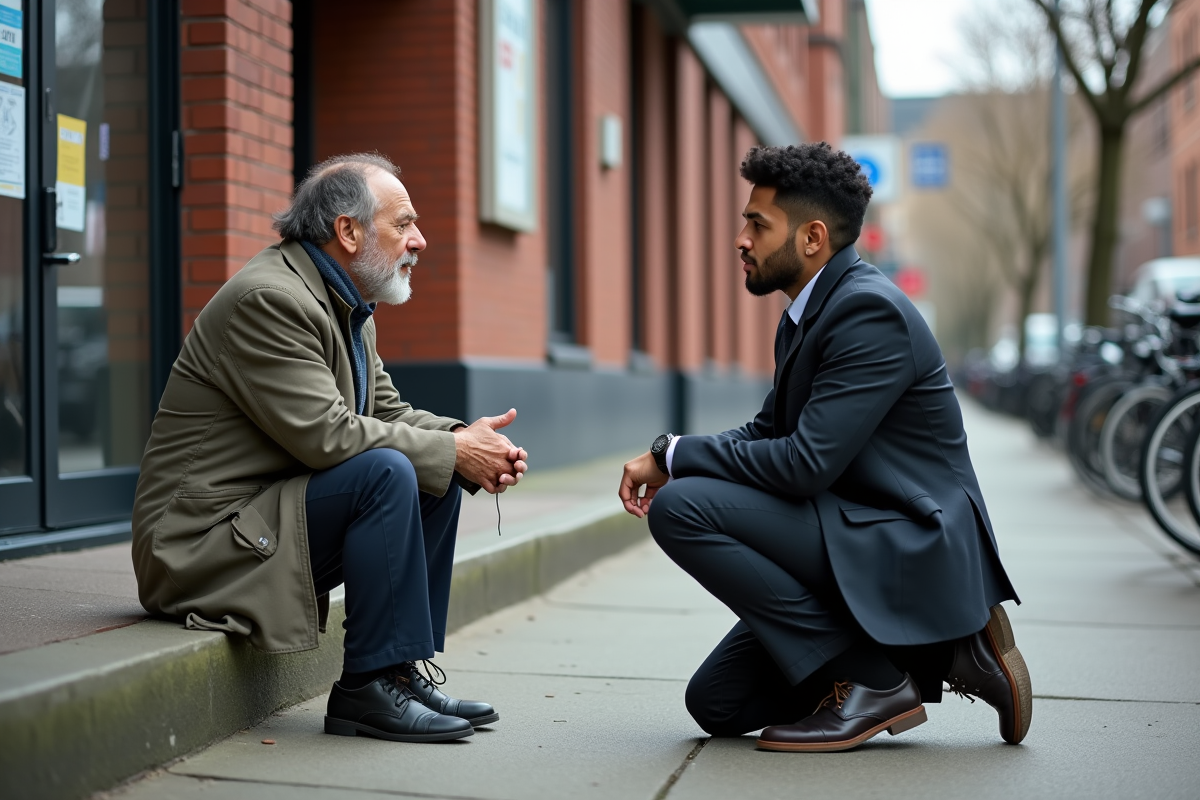Travailleur social parlant avec un homme dans la ville
