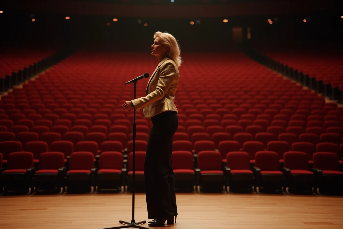 Chanteuse seule sur scène vide dans un grand théâtre aux fauteuils rouges, ambiance mélancolique et introspective