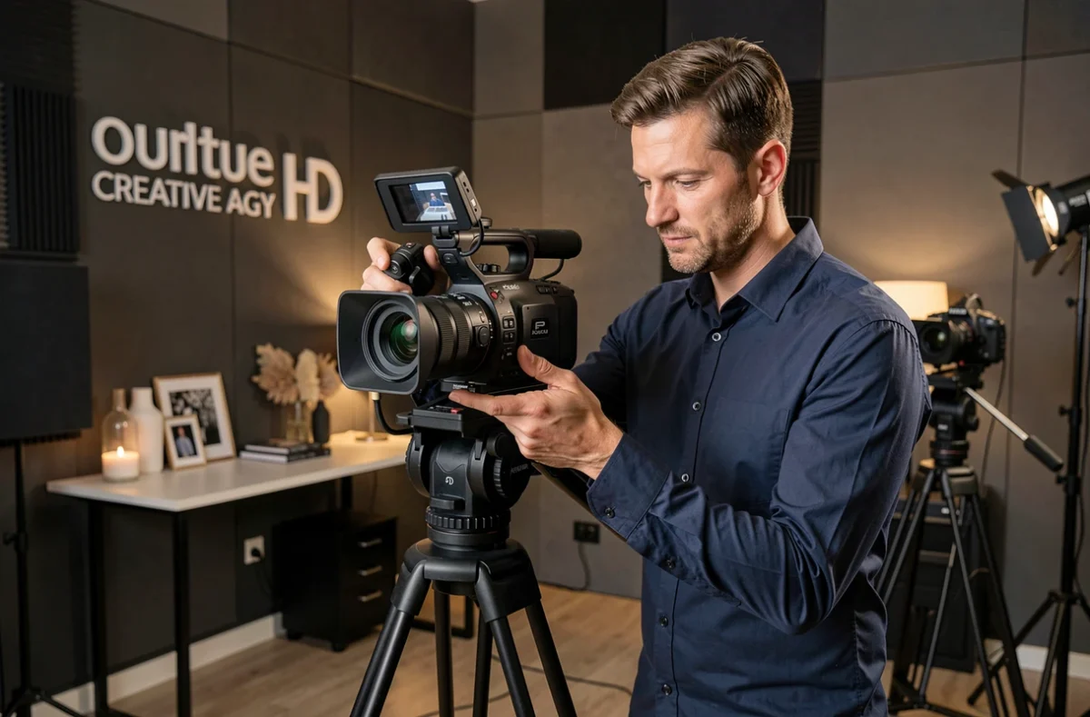 Vidéaste professionnel du Studio Cigale réglant une caméra cinéma dans un studio de production parisien moderne