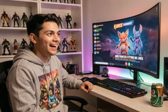 Jeune homme suivant en direct les annonces Pokémon 2026 sur un grand écran d'ordinateur dans une salle de jeu personnalisée