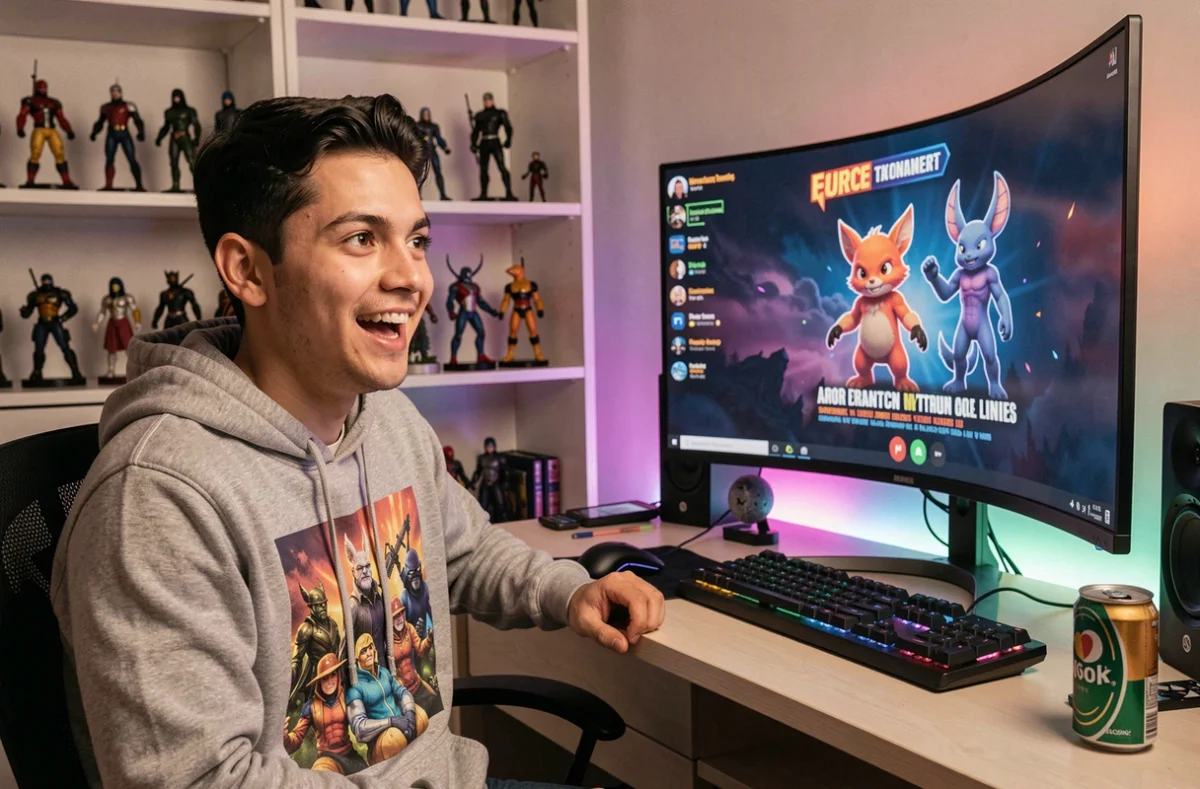 Jeune homme suivant en direct les annonces Pokémon 2026 sur un grand écran d'ordinateur dans une salle de jeu personnalisée