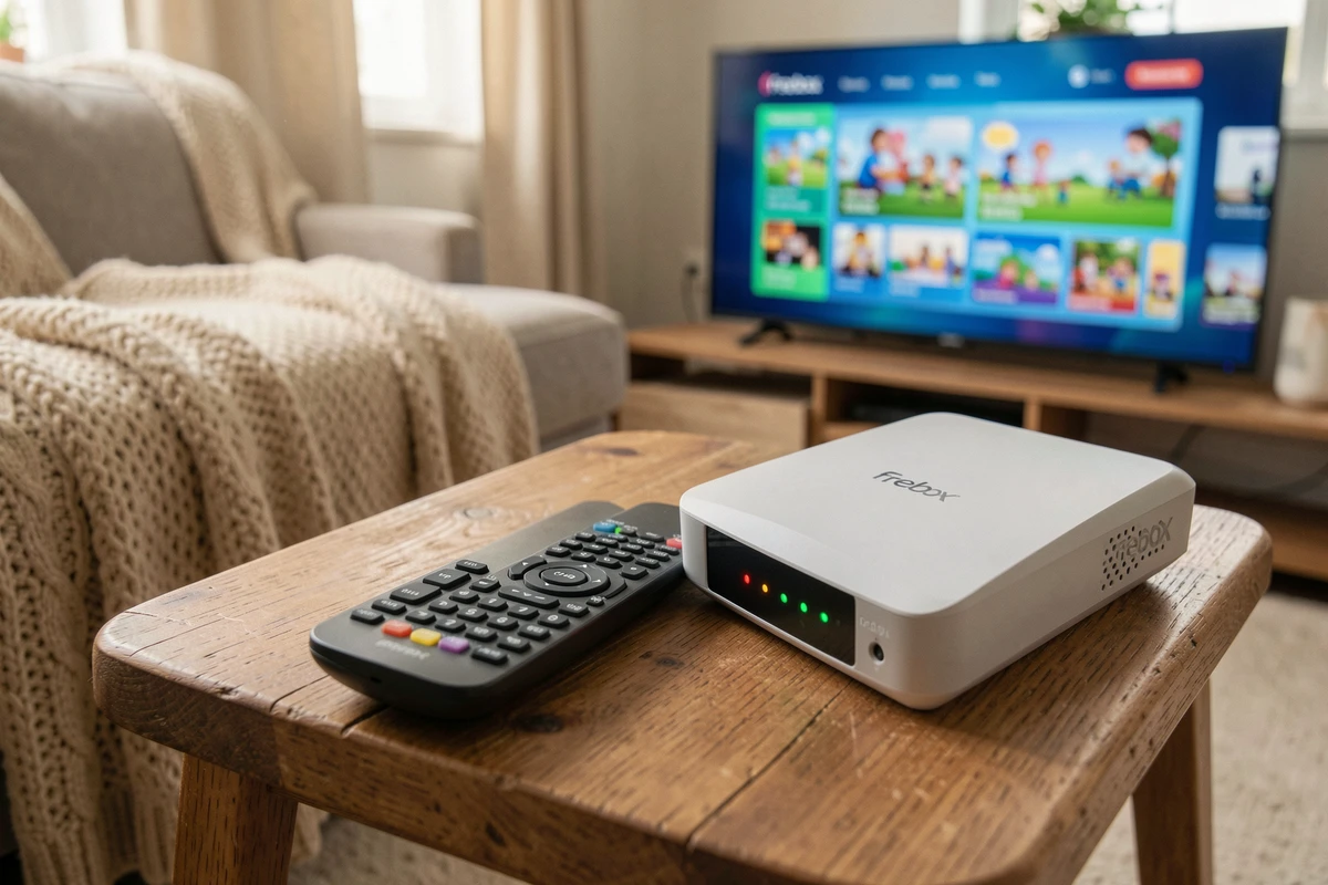 Télécommande et décodeur Freebox Pop posés sur une table basse avec menu de chaînes jeunesse affiché à l'écran