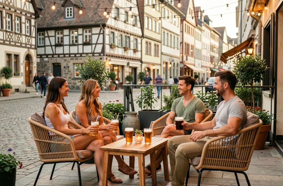 Terrasse d'un bar dansant à Strasbourg avec des amis qui se détendent autour de cocktails par une soirée d'été