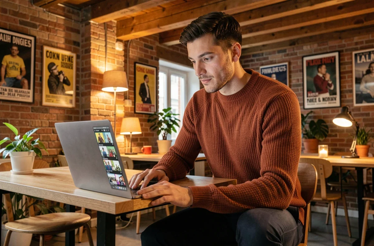 Tomy Favretto vidéaste révisant ses rushes sur un ordinateur portable dans un espace de coworking créatif parisien
