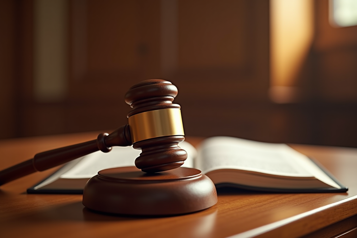 Gavel en bois et livre de droit sur le banc du tribunal