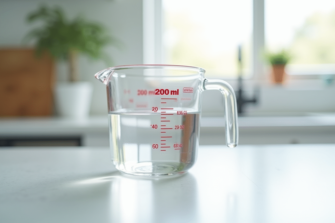 Verre mesureur rempli de 200 ml d'eau sur plan de cuisine lumineux